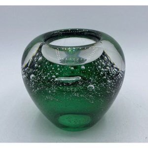 Emerald Green Tea Light Candle Holder with Bubbles Hand Blown Art Glass Paper